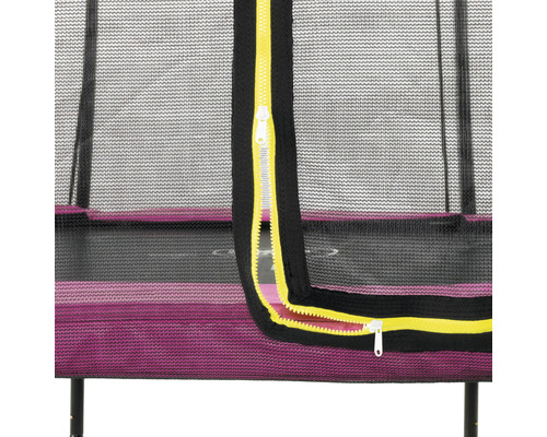 Vue détaillée d''un trampoline avec filet de sécurité et fermeture éclair