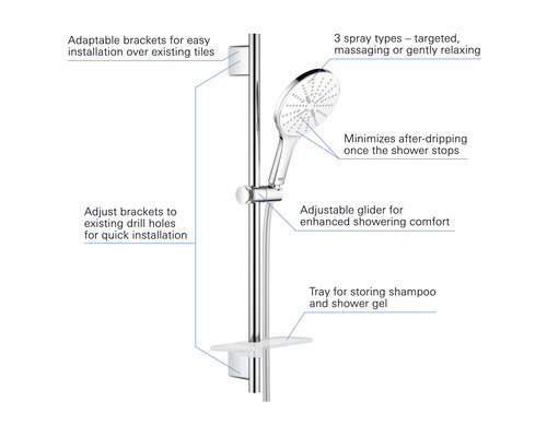 Brausestangenset mit drei Strahlarten und Ablage für Shampoo