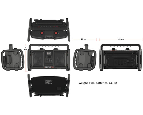 Radio de chantier Perfectpro Rockbull avec des dimensions de 31 x 26 x 49 cm et un poids de 6,6 kg sans les piles.