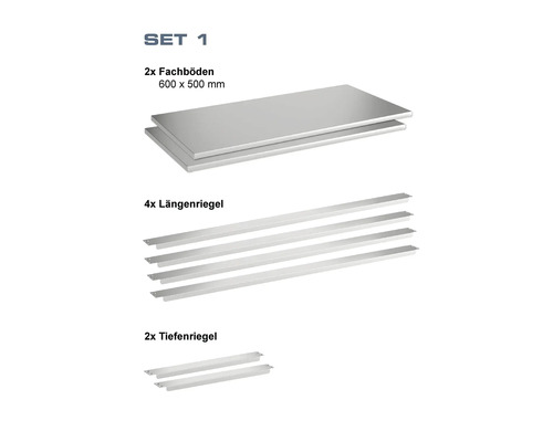 Regalbausatz Set 1 mit zwei Fachböden 600x500 Millimeter, vier Längenriegel und zwei Tiefenriegel