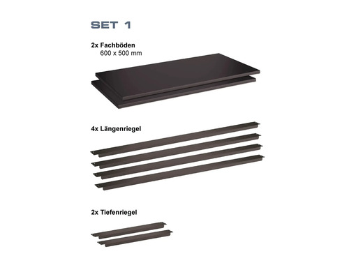Regal-Set 1 mit zwei Fachböden 600 x 500 Millimeter, vier Längenriegel und zwei Tiefenriegel