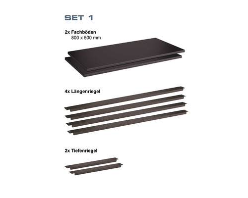 Set 1 mit zwei Fachböden 800 x 500 Millimeter, vier Längenriegel und zwei Tiefenriegel