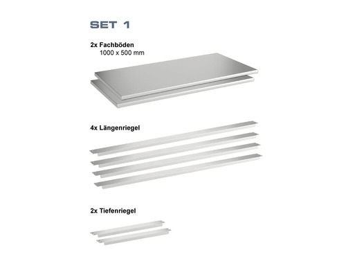 Regal Set 1 mit zwei Fachböden, vier Längenriegeln und zwei Tiefenriegeln