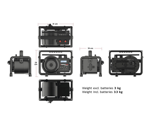 Radio de chantier avec des dimensions de 31 x 23 x 19 centimètres et un poids de 3 kilogrammes sans piles