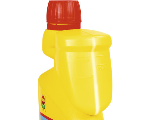 Vue détaillée d''une bouteille jaune avec chambre de dosage et bouchon rouge