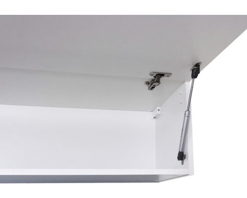 Vue détaillée d''un placard mural ouvert avec ferrures et ressort à gaz