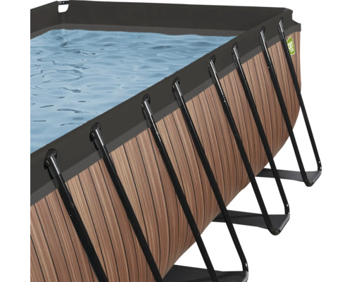 Detailansicht eines rechteckigen Aufstellpools mit Holzoptik und Stahlrahmen