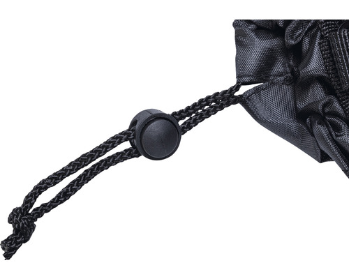 Butée de cordon en plastique sur un sac en tissu noir