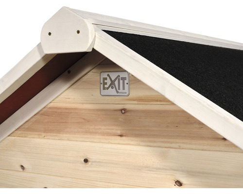 Vue détaillée d''une maison en bois avec le logo EXIT Toys