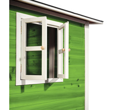 Vue détaillée d''une cabane de jeu avec fenêtre ouverte.