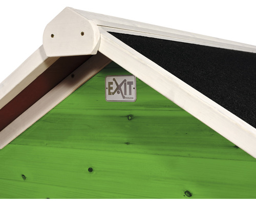Vue détaillée d''une cabane de jardin avec une façade en bois vert, un toit noir et le logo d''Exit Toys.