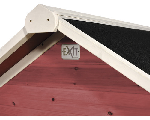 Vue détaillée d''une cabane de jardin avec le logo EXIT