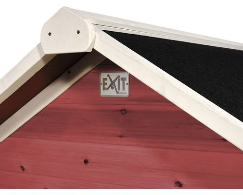 Vue détaillée d''une cabane en bois avec toit et logo Exit Toys