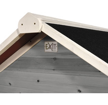 Vue détaillée d''une cabane en bois avec le logo EXIT Toys