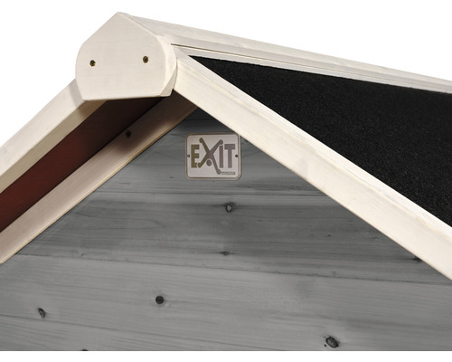 Vue détaillée d''une cabane en bois avec le logo EXIT Toys