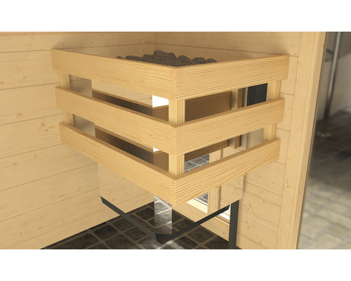 Intérieur d''un sauna avec une étagère en bois remplie de pierres de sauna