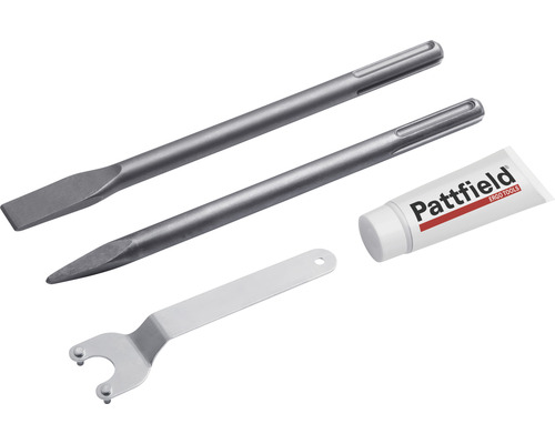 Meißelset mit Flachmeißel, Spitzmeißel, Schraubenschlüssel und Schmiermittel