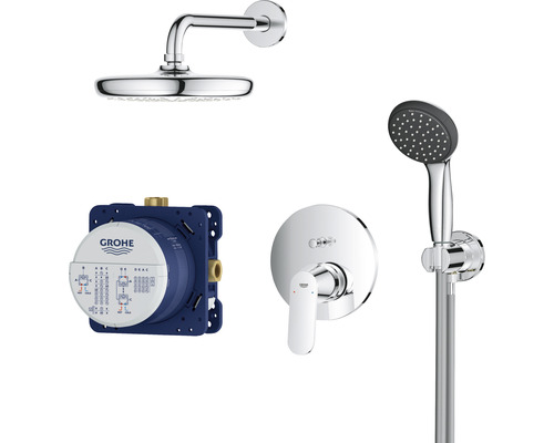 Système de douche Grohe avec douche de tête, douchette à main, corps d''encastrement et robinetterie
