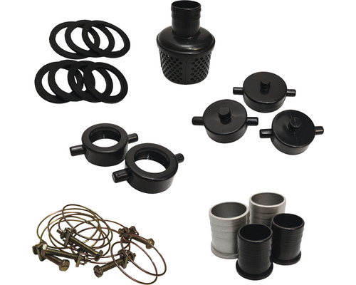 Divers accessoires pour pompes de bassin, dont des joints, des filtres et des colliers de serrage