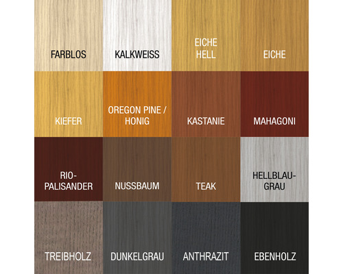 Holzfarbmuster mit verschiedenen Farbtönen wie farblos, kalkweiss, eiche hell, eiche, kiefer, oregon pine/honig, kastanie, mahagoni, rio-palisander, nussbaum, teak, hellblau-grau, treibholz, dunkelgrau, anthrazit und ebenholz.