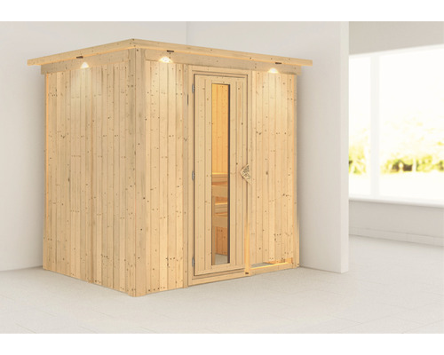 Sauna modulaire à économie d'énergie Karibu Benina sans poêle avec couronne et porte en bois et verre à isolation thermique