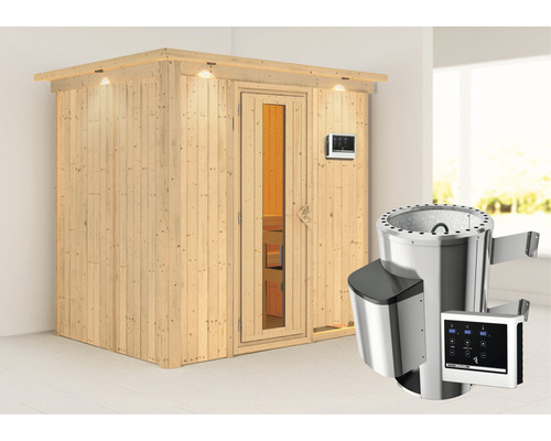 Sauna modulaire à économie d'énergie Karibu Benina avec poêle 3,6 kW et commande ext. avec couronne et porte en bois et verre à isolation thermique