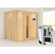 Sauna en bois avec porte en verre et poêle de sauna