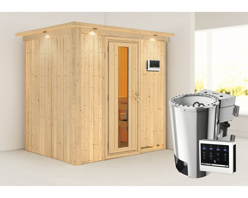 Sauna modulaire à économie d'énergie Karibu Benina avec poêle bio 3,6 kW et commande ext. avec couronne et porte en bois et verre à isolation thermique
