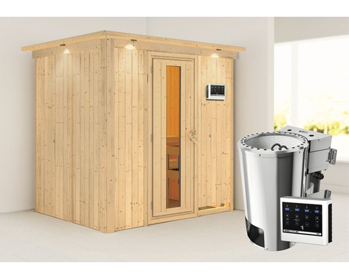 Energiespar-Elementsauna Karibu Benina inkl.3,6 kW Bio Ofen u.ext.Steuerung mit Dachkranz mit Holztüre und Isolierglas wärmegedämmt