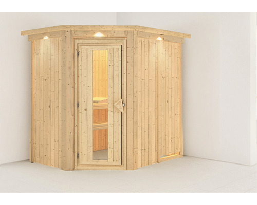 Sauna en bois massif à économie d'énergie Karibu Kaspina sans poêle avec couronne et porte en bois et verre à isolation thermique