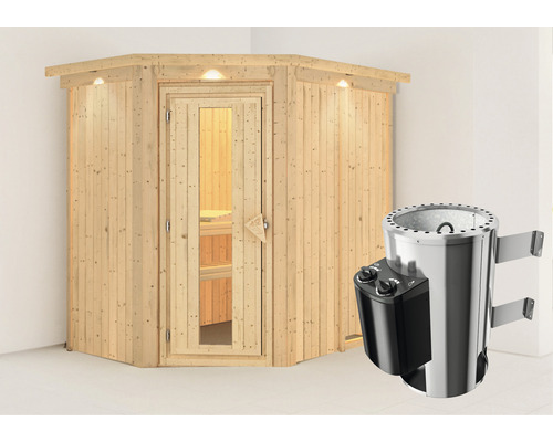 Sauna en bois massif à économie d'énergie Karibu Kaspina avec poêle 3,6 kW et commande intégrée avec couronne avec porte en bois et verre à isolation thermique