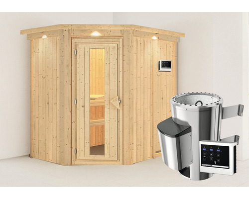 Sauna en bois massif à économie d'énergie Karibu Kaspina avec poêle 3,6 kW et commande ext. avec couronne avec porte en bois et verre à isolation thermique