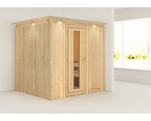 Sauna modulaire à économie d'énergie Karibu Lupin sans poêle avec couronne et porte en bois et verre à isolation thermique