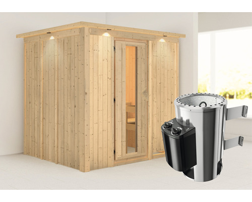 Sauna modulaire à économie d'énergie Karibu Lupin avec poêle 3,6 kW et commande intégrée avec couronne et porte en bois et verre à isolation thermique
