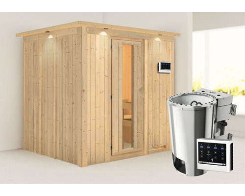 Sauna modulaire à économie d'énergie Karibu Lupin avec poêle bio 3,6 kW et commande ext. avec couronne et porte en bois et verre à isolation thermique