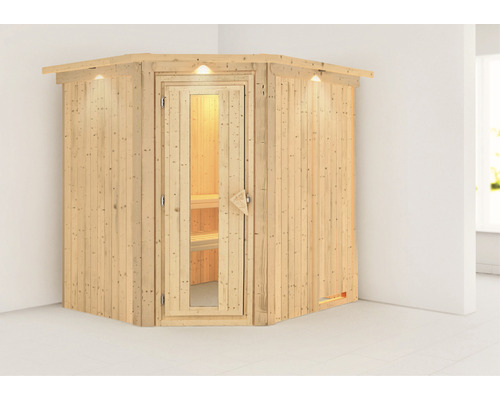 Sauna modulaire à économie d'énergie Karibu Lobina sans poêle avec couronne et porte en bois et verre à isolation thermique