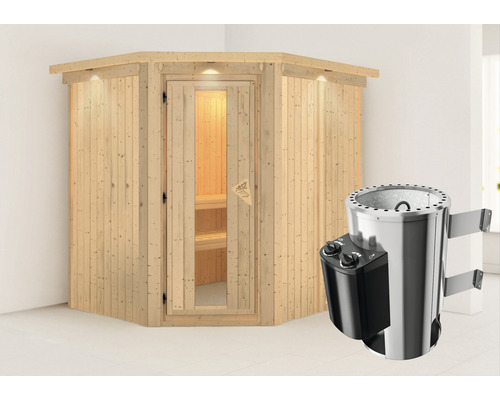 Sauna modulaire à économie d'énergie Karibu Lobina avec poêle 3,6 kW et commande intégrée avec couronne et porte en bois et verre à isolation thermique