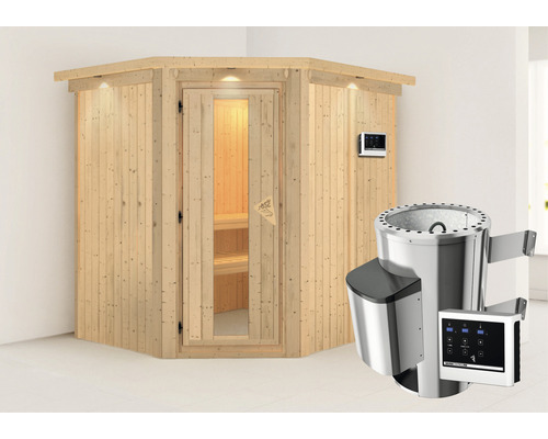 Sauna modulaire à économie d'énergie Karibu Lobina avec poêle 3,6 kW et commande ext. avec couronne et porte en bois et verre à isolation thermique
