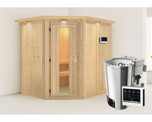 Sauna modulaire à économie d'énergie Karibu Lobina avec poêle bio 3,6 kW et commande ext. avec couronne et porte en bois et verre à isolation thermique