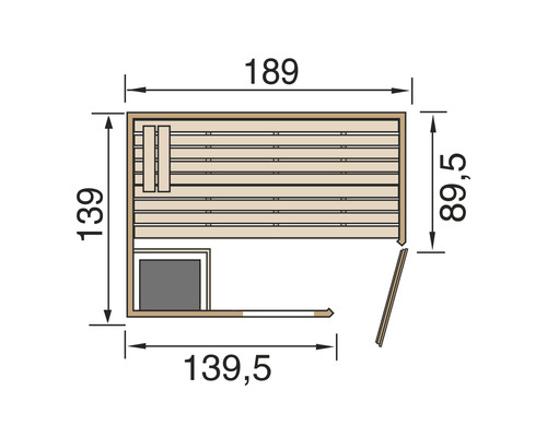 Schéma coté du sauna avec dimensions en centimètres.