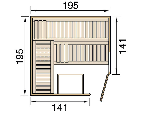 Plan d''une sauna avec des dimensions de 195 sur 195 centimètres et 141 sur 141 centimètres