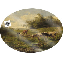 Leinwandbild Oval Kühe am Teich 70x50 cm