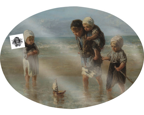 Gemälde von Kindern, die am Strand mit einem Spielzeugboot spielen