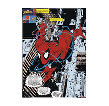 Scène de bande dessinée Spider-Man avec Spider-Man devant un paysage urbain