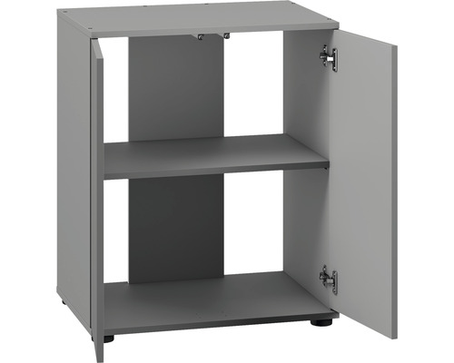 Meuble bas gris avec deux étagères et une porte ouverte