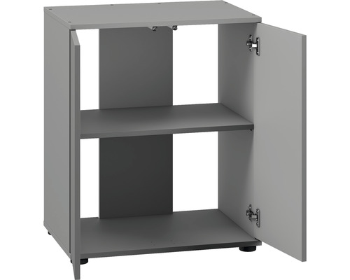 Meuble bas gris avec deux étagères et une porte ouverte