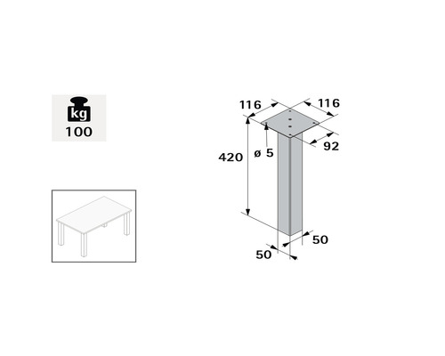 Dessin technique d''un pied de table avec dimensions et capacité de charge de 100 kilogrammes