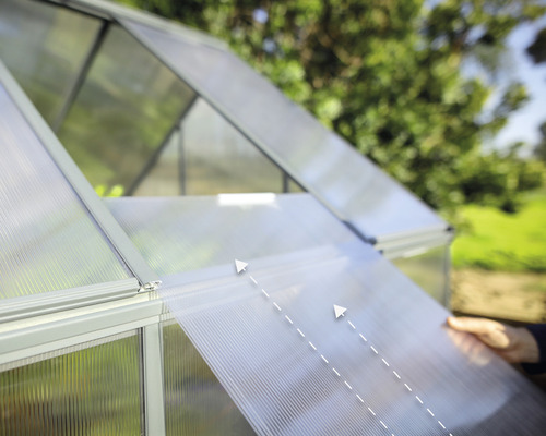 Einsetzen einer Stegplatte in ein Gewächshaus