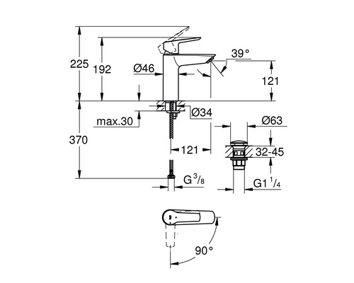 Schéma technique d''un robinet avec indications de dimensions