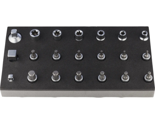 Jeu d’embouts avec différents accessoires dans un porte-outils